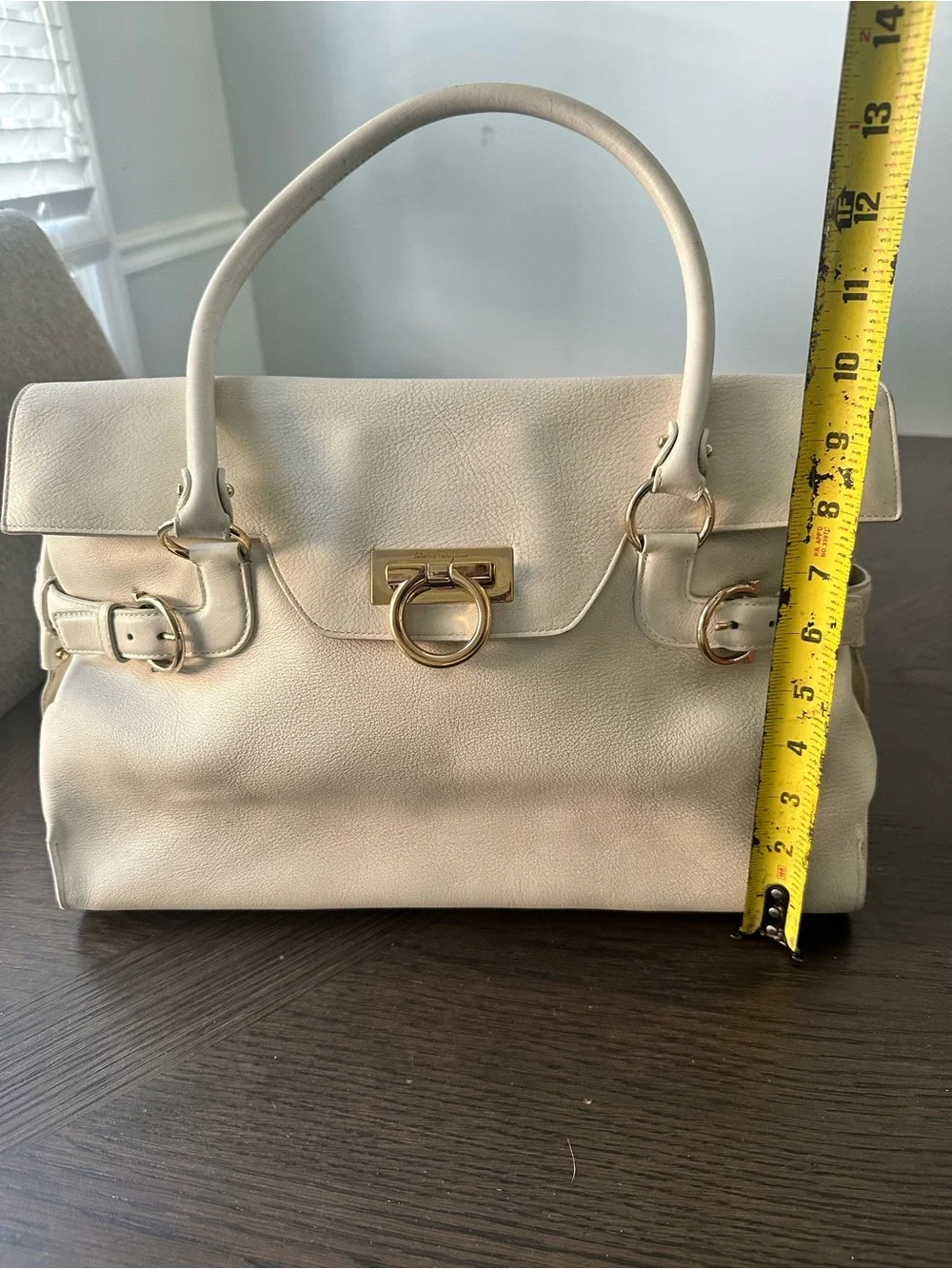 Salvatore Ferragamo Cream Leather Satchel with Gold Hardware